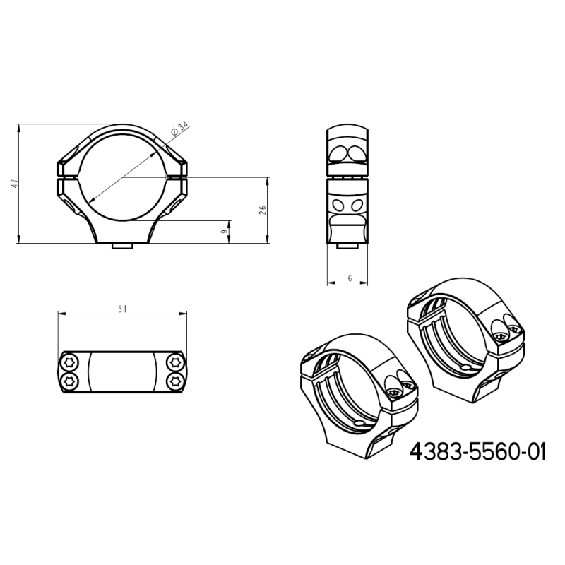 Base Ergo QD Picatinny 34mm anéis para luneta | longa 