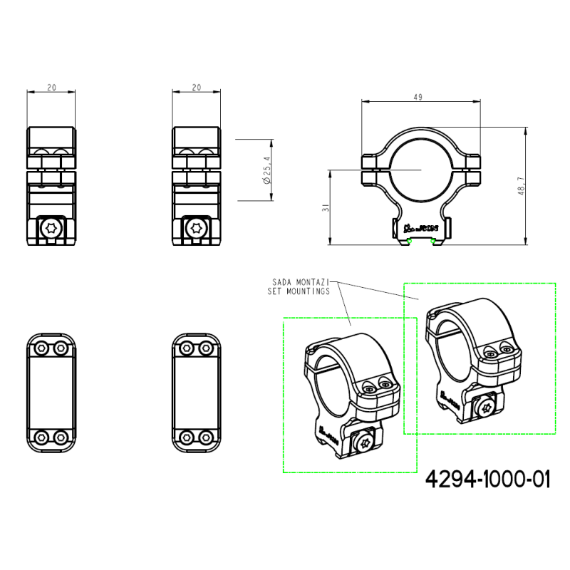 CZ 457 anéis para luneta para ranhura de cauda de andorinha | 1 polegada [25,4mm] 