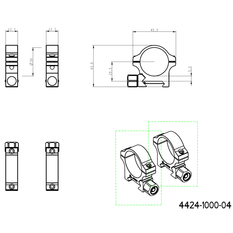 Base Picatinny de 30mm anéis para luneta | com porca de parafuso 